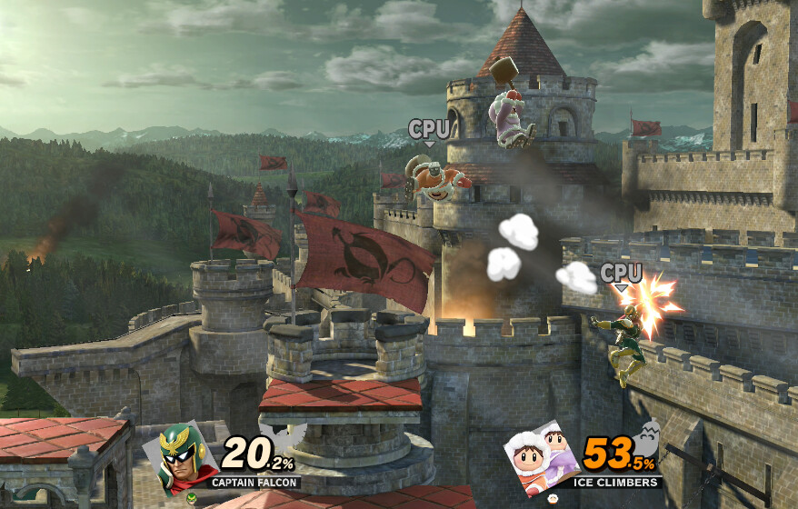 Captain Quadratic fighting the Carrot Collective in front of a Fire Emblem castle, with one stock apiece, Quad slightly ahead on damage